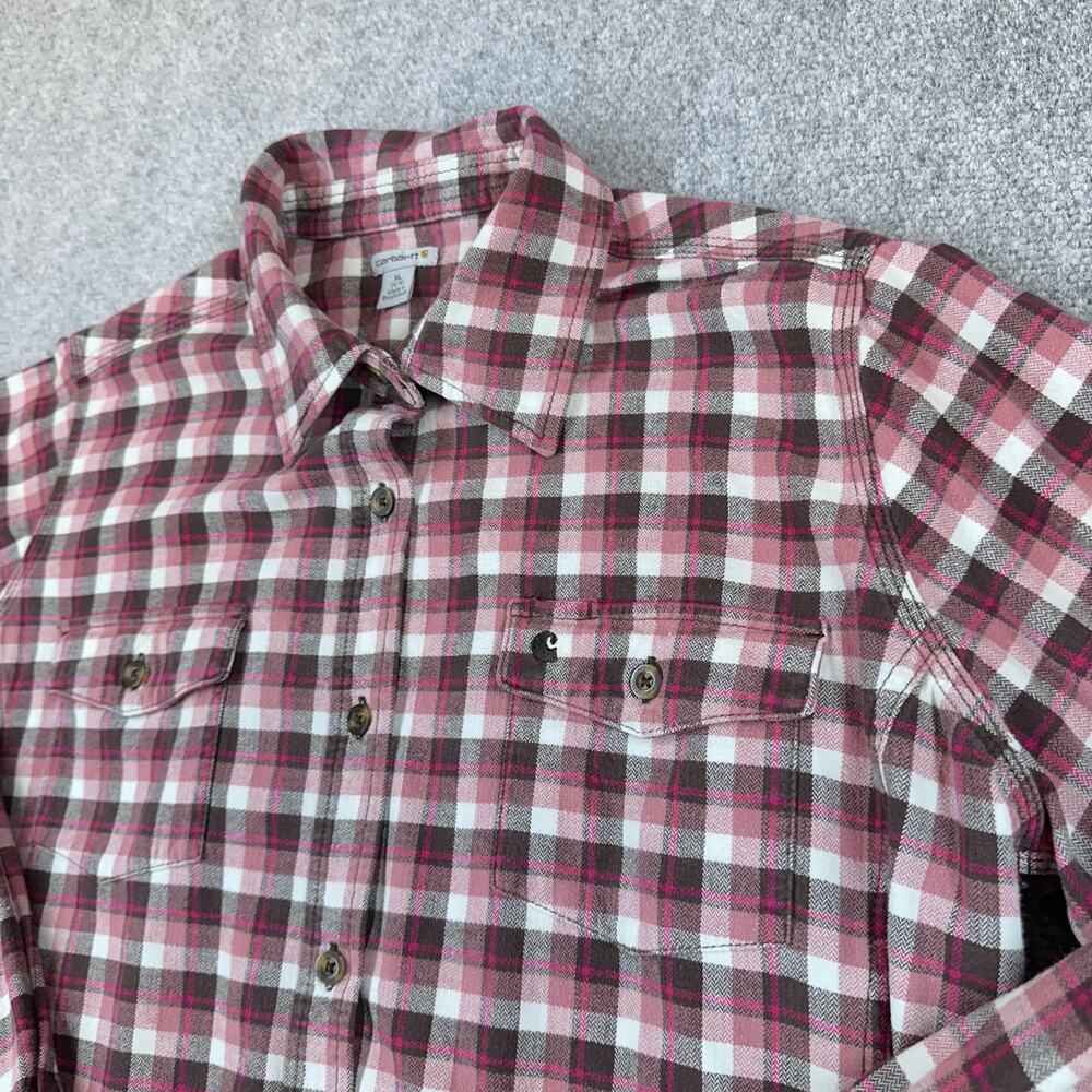 Carhartt Flannel Shirt Womens XL 16/18 Pink Plaid Button Up Workwear Outdoor - Picture 3 of 8